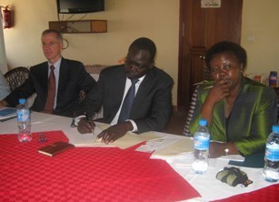 Investment Minister, Oyay Deng Ajak (center) during the BD launch (ST)