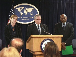 From left to right Samantha Power, Special Assistant to the President and Senior Director for Multilateral Affairs; U.S. Special Envoy to Sudan Scott Gration;  Johnnie Carson, Assistant Secretary of State for African Affairs October 22, 2010 (US State Department)