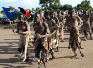 Members of the Bor county wrestling team celebrate an earlier victory in Bor town, Jonglei state, South Sudan (ST/FILE)