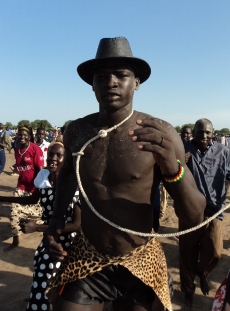 Mayen Reech Akuak, one of the victorious Bor country team, celebrates winning a fight in Bor town prior to the match against Twic East county in South Sudan's capital Juba (ST/FILE)