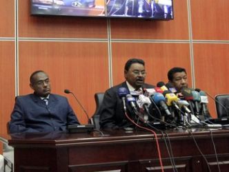 Sudan’s NCP delegation to Addis Ababa talks on the disputed Abyei speak during a press conference held after their return to Khartoum October 14, 2010. (Reuters)