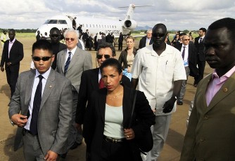 U.S. Ambassador to the United Nations Susan Rice (C) and envoys from the U.N. Security Council arrive at Juba Airport in South Sudan October 6, 2010 (Reuters)