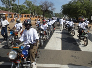 Motorcyclitst, known locally as Bodaboda riders, taking part in a road safety march Juba, South Sudan, Nov. 6, 2010 (ST)