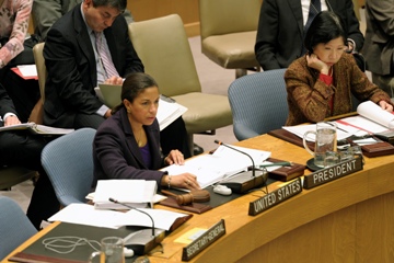 Susan Rice, Permanent Representative of the United States of America to the UN and President of the Security Council for December, addresses the Council’s meeting on the upcoming January 2011 referenda in Sudan December 16,  2010 (UN)