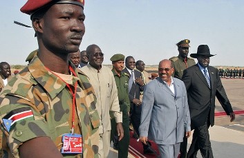 A picture taken on January 9, 2009 shows Sudan's President Omer Hassan Al-Bashir (3rdR) and First Vice President Salva Kiir (R) arriving at Upper-Nile State capital city, Malakal for celebrations to commemorate the fourth anniversary of the signing of the CPA (AFP)