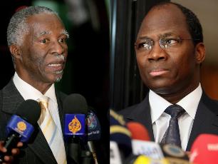 Former South African president Thabo Mbeki and head of AU panel on Sudan (L) and Joint United Nations and African Union mediator for Darfur, Djibril Bassole (R)