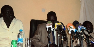 General George Athor’s representatives  to All South Sudan Parties Conference, Dok James Puok (centre) Abraham Thon (left) and Abiel Ring (right), in Juba, south Sudan, Oct. 19 2010 (ST)