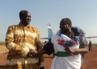 SPLM Sec Gen Pagan Amum (R) and Jonglei Gov. Kuol Manyang Juuk (L) at Bor airstrip. Jan 1, 2011 (ST)