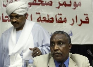 FILE - Mubarak Al-Fadil, head of the Umma Renewal and Reform Party, and a former candidate for the Sudanese Presidency, left, and former presidential candidate of the Sudanese People’s Liberation Movement party, SPLM, Yasir Arman (AP)