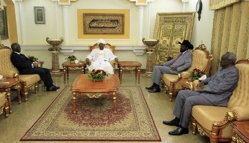 South Africa's former president Thabo Mbeki (L) attends a joint presidency meeting with Sudan's President Omar Hassan al-Bashir (2nd L), First Vice President and southern president Salva Kiir and Vice President Ali Osman Taha (R) in Khartoum January 27, 2011 (Reuters)
