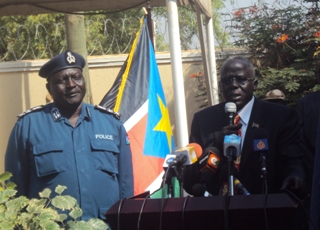 Southern Sudan’s Interior Minister, Gier Chuang Aluong (right) and Acuil Tito Madut, the south’s Inspector General of Police (left) address a press conference in Juba to announce that ten southern returnees were killed and 18 injured in a Misseriya ambush on the north-south border. Jan 11, 2011 (ST)
