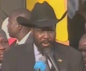 TV foootage showing Sudan People Liberation Movement (SPLM) chairman Salva Kiir addressing supporters after casting his vote