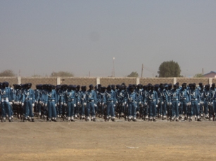 Newly graduated police line up for their passing out ceremony in Bentiu town, Unity State, South Sudan. Dec 6, 2011 (ST)