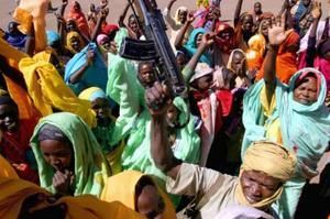 Villagers cheer rebels at Deribat, in the mountains of South Darfur, western Sudan (file/Reuters)