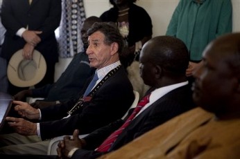 US Consul General, Ambassador Barrie Walkley, takes questions from the press following the opening of a new, US-sponsored electrical power facility in the southern Sudanese town of Kapoeta on Friday, Feb. 4, 2011 (AP)