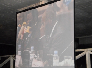 The giant screen that relayed the live proceedings from Sudan's capital Khartoum to the southern capital Juna on Monday. Feb 7, 2011 (ST).