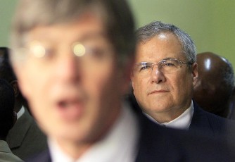 U.S. Deputy Secretary of State James Steinberg, accompanied by U.S. Special Envoy to Sudan Scott Gration (back), talks to reporters during his short visit to meet Sudanese officials in Khartoum February 2, 2011 (Reuters)