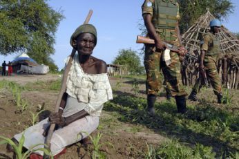 Zambian troops of the United Nations Mission in the Sudan patrol the Abyei Area, on July 27,  2009 (photo UN/Tim McKulka)