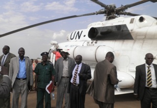 The team that escorted the Jonglei governor to Pigi County at Bor airport. From the left MP of Pigi County Gany Awuol, minister of law enforcement Gabriel Duop, deputy commissioner of police, Brig. Majok Dau, director of public security Panchol Jongkuch, legal affairs minister Mayen Ohka, speaker of assembly Peter Chol Wall, Pigi Commissioner Aleu Majak. March 20, 2011 (ST)