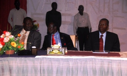 South Sudan VP Riek Machar (L) and chairman of South Sudan Legislative Assembly, James Wani (C) and W. Equatoria governor Joseph Bosokoro (R) at the closing ceremony of the Equatoria conference at Nyakuron Cultural Center (NCC) in Juba on April 16, 2011 (ST)