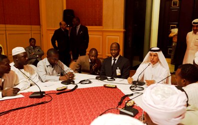 JCM Djibril Bassolé and Qatari state minister Ahmed bin Abdullah Al-Mahmoud meet with IDPs and civil society delegates on Saturday 28 May 2011 (photo Olivier Chassot UNAMID)