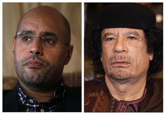 A combination of photos shows Saif al-Islam (L) during an interview with Reuters in Tripoli March 10, 2011, and his father Libyan leader Muammar Gaddafi in Damascus March 29, 2008 (Reuters)