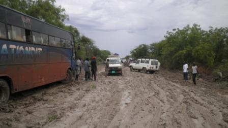 Buses and cars stuck on the Juba-Bor road at Malualchat. May 2, 2011 (ST)