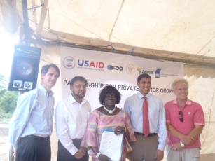 Left to right: Jim Bromley, AGRA's Chief Operating Officer, Amit H. Roy, the IFDC CEO, Ann Itto, the Agriculture and Forestry minister, Rajiv Shah (USAID) and the Netherlands first secretary after the signing of the joint communique, May 6, 2011 (ST)