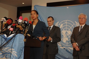 US ambassador to the UN Susan Rice (center), Russian ambassador to the UN Vitaly Churkin (right) and French ambassador to the UN Gerard Araud (left) in Khartoum May 22, 2011 (UN)
