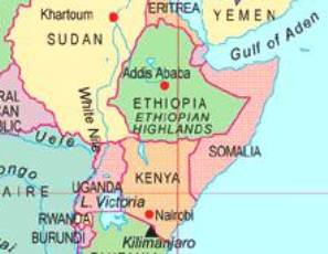Map of East Africa, showing the Ethiopia-Kenya border where clashes killed over 30 in May, 2011.