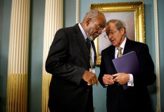 U.S. Assistant Secretary of State for African Affairs Johnnie Carson talks to the US’s special envoy to Sudan Princeton Lyman (Getty Images)