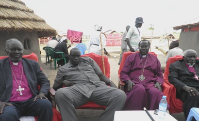 From Left to right are: Bishop Enok Tombe, Chancellor Majok Mading, Archbishop Daniel Garang Bul, and  the outgoing Bor Bishop, Nathaniel Garang Anyieth in Bor June 10 2011, By John Actually)  Jonglei: South Sudan Bishops on inauguration visit to Bor (ST)