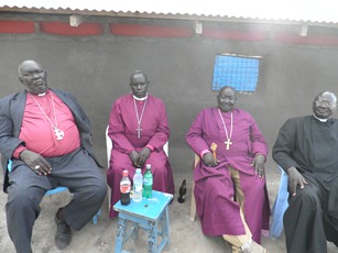 From left, bishop of Terekeka diocese,Micheal Layala; bishop of Torit diocese, Benela Oringa; bishop of Twic East diocese, Ezakiel Diing Malang; bishop of Bor diocese, Ruben Akur on 11 June 2011 in Bor (John Actually, ST)