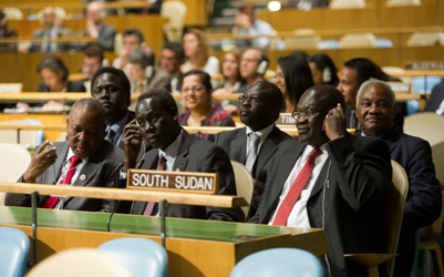 Members of the delegation of the Republic of South Sudan, led by Vice President Riek Machar Teny-Dhurgon (right), follow the proceedings of the UN General Assembly meeting on 14 July 2011 (UN)