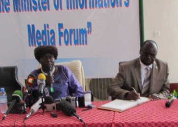 Ministers Anne Itto and Lino Makina  speaking to the press in the daily media forum in Juba on 7 July 2011 (Photo Ngor Aguot ST)