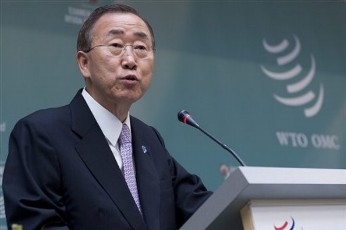United Nations Secretary General Ban Ki-moon delivers a speech during the second day of third Global Review of aid for trade co-hosted by the World Trade Organization in Geneva, Switzerland, Tuesday, July 19, 2011 (AP Photos)