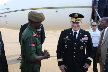 JUBA, South Sudan - General Carter F. Ham, commander of U.S. Africa Command, arrives in Juba, South Sudan and is received by Major General Thomas Mogga Cerillo of the Sudan People's Liberation Army, August 24, 2011 (Africom website)