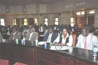 Members of the SPLM political bureau and the Council of States from the ruling party attending Thursday's meeting. August 4, 2011 (Photo: Kenneth Thomas)