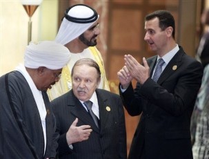 At top Syrian President Bashar Assad, right, talks to Sheikh Mohammed bin Rashid, Vice President and Prime Minister of United Arab Emirates, as Sudanese President Omar al-Bashir, left, talks to Algerian President Abdelaziz Bouteflika during a group picturte with Arab leader in Sirte, Libya, Saturday, Oct. 9, 2010 (AP PHOTOS)