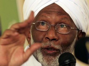 Islamist opposition leader Hassan al-Turabi of the Popular Congress Party (PCP) speaks during a news conference after his visit to Egypt, at the party's headquarters in Khartoum July 30, 2011 (Reuters)