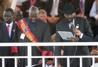 The President of South Sudan Salva Kiir (R) is sworn in as the President of the new country during a ceremony in the capital Juba on July 09, 2011 to celebrate South Sudan's independence from Sudan (AFP)