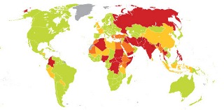 Terrorism Risk Index: grey-No data; green-low risk; yellow-medium risk; orange-high risk; red-extremely high risk  (Maplecroft)