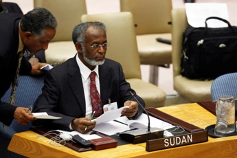 Sudan's foreign affairs minister, Ali Ahmed Karti (right), is shown in conversation with Daffa-Alla Elhag Ali Osman, Sudan’s permanent representative to the United Nations (Photo courtesy of the UN)
