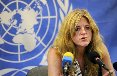 Hilde Johnson, Special Representative of the Secretary-General and Head of the United Nations Mission in the Republic of South Sudan (UNMISS), speaks to journalists.   28 September 2011  (Photo UN)