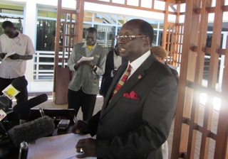 Marial Benjamin Bil, minister of information speaks to journalists on 1st September 2011 in Juba ( Photo: ST/Ngor Garang)