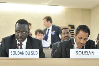 Amb. Francis Nazario (left) of South Sudan and Amb. Abdel Rahman Dhirar of Sudan at the Human Rights Council (UN News Center)