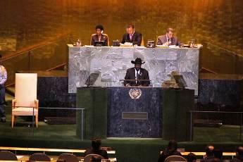 South Sudan's President Salva Kiir Mayardit during his speech at the UN General Assembly on Friday, 23 September (photo Lomyat)