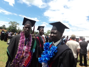 Bul John (L) and Deng Mangok (R) are some South Sudanese students who graduated at Ndejje University on Friday. 21 October 2011 (ST)