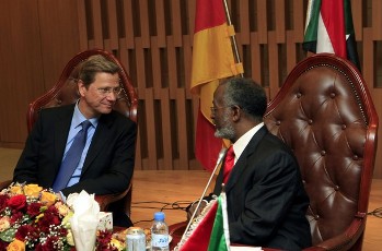 Sudan's Foreign Minister Ali Karti meets Germany's Foreign Minister Guido Westerwelle (L) during his official visit to Sudan, in Khartoum June 23, 2011 (REUTERS PICTURES)