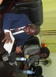 Kosti Manibe, South Sudan's minister of finance, speaks to journalists at the ministry premises in Juba. October 18, 2011 (Photo: Ngor Garang/ST)